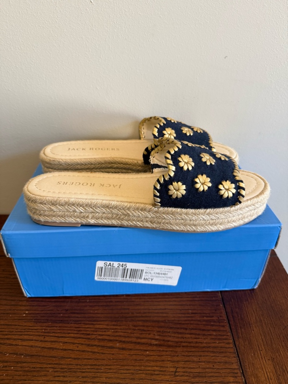 Jack Rogers Palmer espadrille Navy Slide‎ Mules with Yellow Daisy Accents NEW
